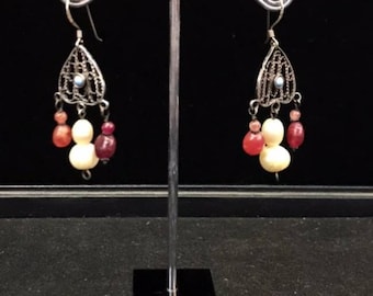Handmade Silver Earrings: Ruby, Pearl & Turquoise Antique Design