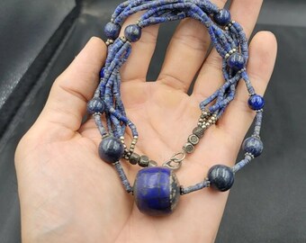 Vintage Old Silver Afghanistan Lapis Lazuli Stone Near Eastern Necklace