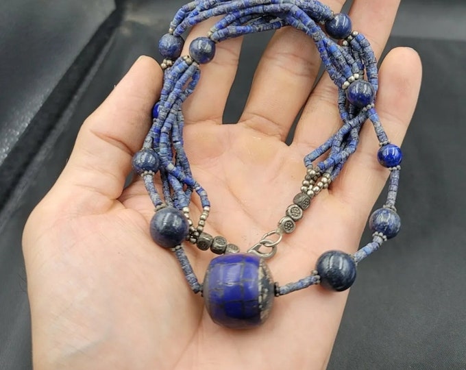 Vintage Old Silver Afghanistan Lapis Lazuli Stone Near Eastern Necklace