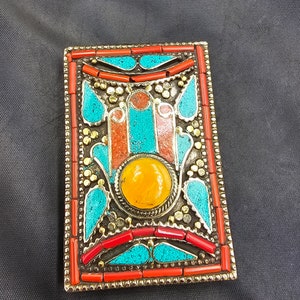 Vintage Tibetan Silver Belt Buckle: Handmade Turquoise Coral Lucky Hand