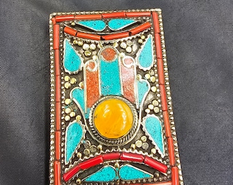 Vintage Tibetan Silver Belt Buckle: Handmade Turquoise Coral Lucky Hand