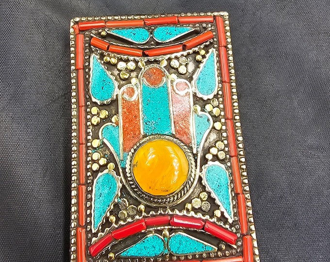Vintage Tibetan Silver Belt Buckle: Handmade Turquoise Coral Lucky Hand