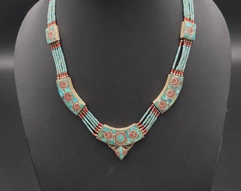 Nepali Old Vintage Silver Baho Design Necklace With Natural Turquoise And Coral Stone