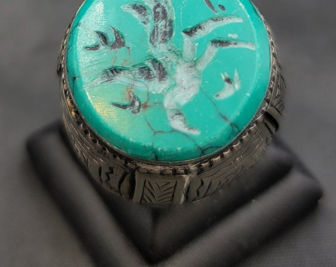 Beautiful Vintage Silver Ring With Turquoise Stone With Bird Intaglio