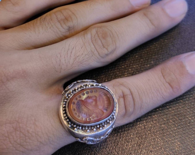 Antique Silver Old Handmade Ring With Ancient Agate Stone Roman King Intaglio