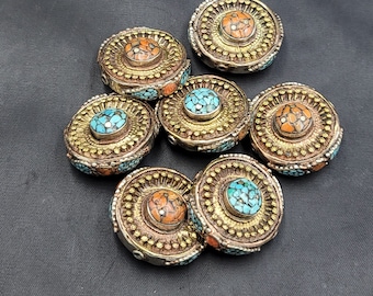 Vintage Tibetan Silver Bronze Pendant: Carved Turquoise Coral Bead (45mm)