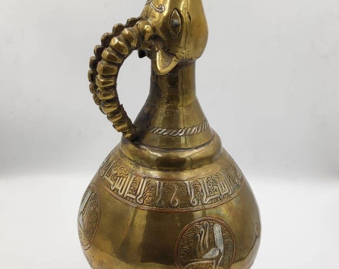 Antique Egyptian  Bronze Carved With Silver Unique Calligraphy Deer Head Jug