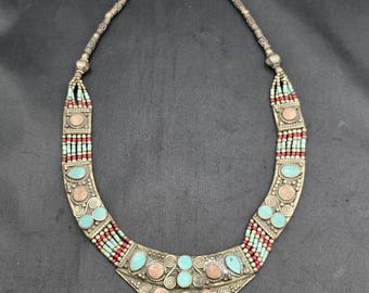 45Cm Vintage Authentic Silver Tibeten Design Handmade Necklace With Natural Turquoise And Coral Stone