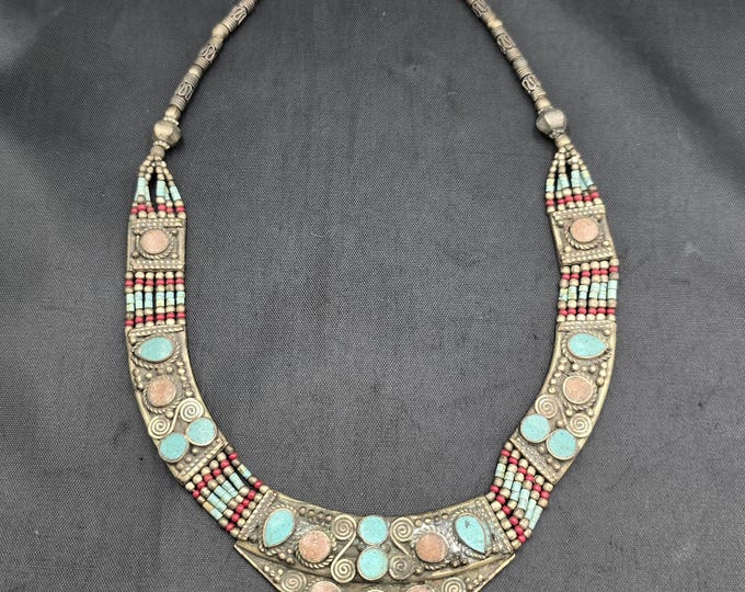 45Cm Vintage Authentic Silver Tibeten Design Handmade Necklace With Natural Turquoise And Coral Stone