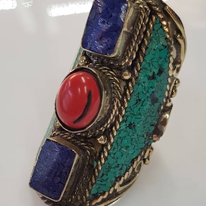 Vintage Silver Plated Ring: Turquoise, Coral & Lapis Stone, Size 8
