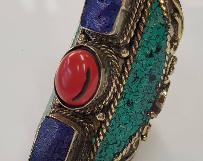 Wonderful Vintage Old Silver Plated Ring With Turquoise Coral and Lapis Stone