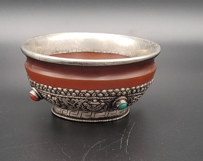 Antique Old Silver Tibeten Unique Bowl With Natural Agate Stone Turquoise And Coral