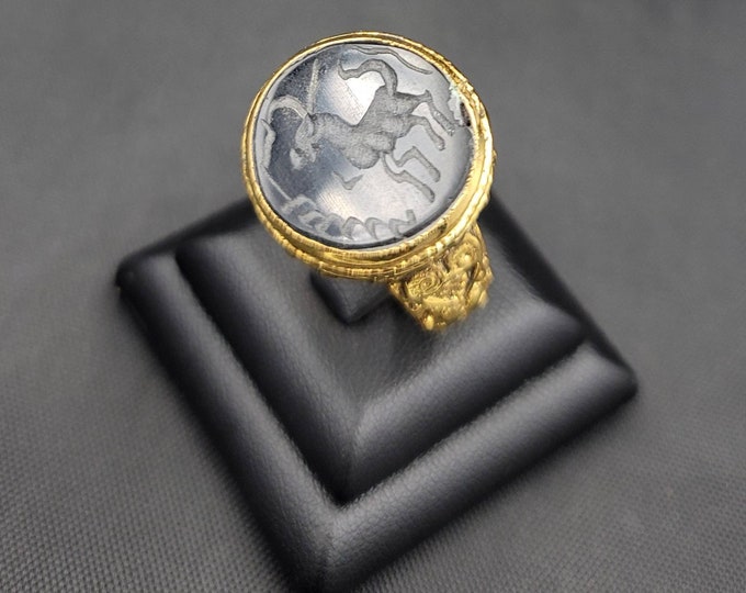 Gorgeous Antique Gold Plated Afghanistan Ring With Black Agate Goat Intaglio