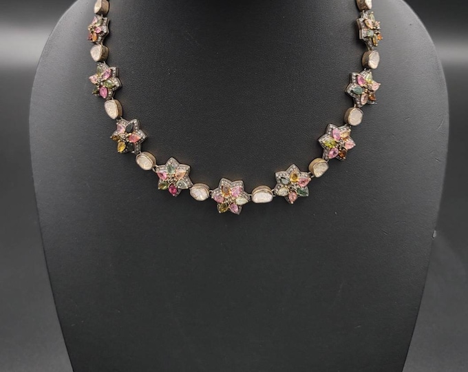 Super Gorgeous Vintage Victorian Rose Cut Natural Daimond And Multi Tourmaline Gemstone Necklace