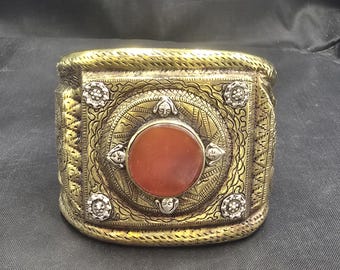 Cicra 1250s Antique Egyptian Bronze With Silver Unique Bangle Bracelet Ancient Agate Stone