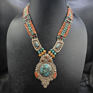 Antique Silver Tibetan Necklace: Turquoise & Coral Stone, 50cm