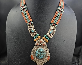 Antique Silver Tibetan Necklace: Turquoise & Coral Stone, 50cm