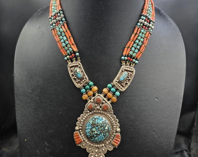 Antique Silver Tibetan Necklace: Turquoise & Coral Stone, 50cm