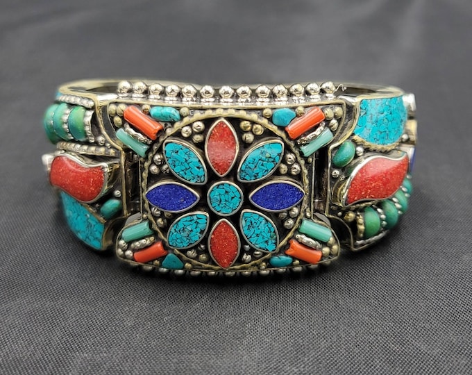 Vintage Beautiful Tibeten Old Silver Wonderful Bangle With Turquoise Coral And Lapis Lazuli Stone