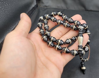 Natural Genuine Black Coral Stone Beads 32 Prayer Beads Silver Inlaid Wonderful Antique Misbah Tasbi