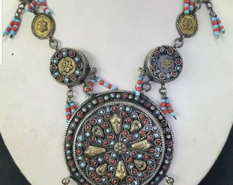 Handmade Silver Necklace: Turquoise & Coral, Antique Design