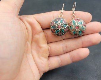 Boucles D'oreilles Vintage Tibétaines Argent 925 - Fait Main - Corail & Turquoise