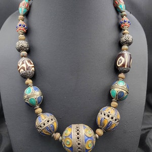 Antique Morakish Silver Enamel Beads Vintage Necklace With Old Authentic Stones