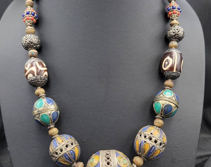 Antique Morakish Silver Enamel Beads Vintage Necklace With Old Authentic Stones