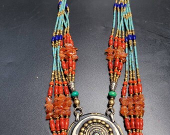 Vintage Turquoise Coral Tibetan Silver Necklace: Handmade