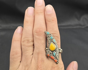 Beautiful Vintage Soild Silver Tibeten Handmade Authentic Ring With Natural Turquoise Coral Stone