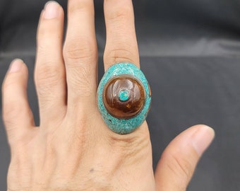 Huge Vintage Ring With Natural Brown Copal Turquoise And Coral Stone