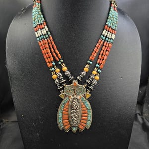 Vintage Tibetan Silver Necklace: Turquoise & Coral Pendant, Handmade