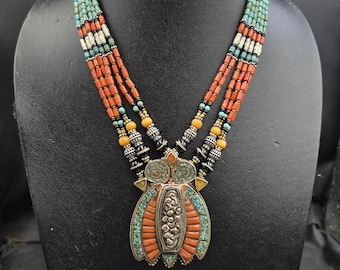 Beautiful Vintage Tibeten Silver Handmade Necklace With Natural Turquoise And Coral Stone
