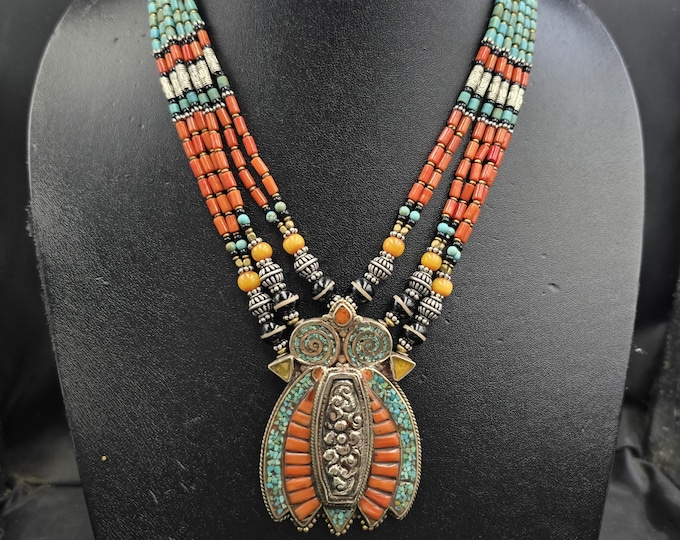 Beautiful Vintage Tibeten Silver Handmade Necklace With Natural Turquoise And Coral Stone