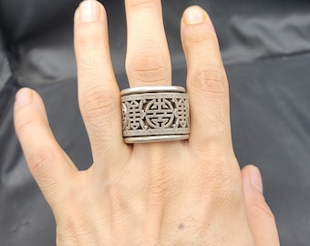 Vintage Tibetan Silver Ring: Handmade Solid Band, US Size 12