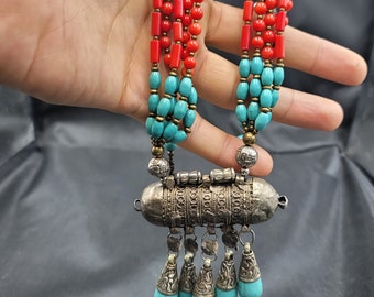 Vintage Tibetan Turquoise Coral Silver Necklace: Handmade Adjustable Jewelry
