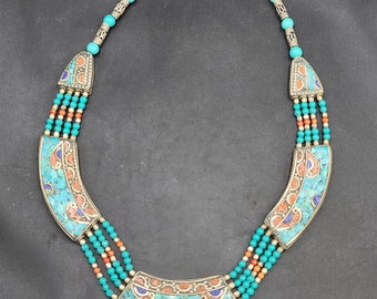Handmade Tibetan Silver Necklace: Turquoise, Coral & Lapis Boho Design