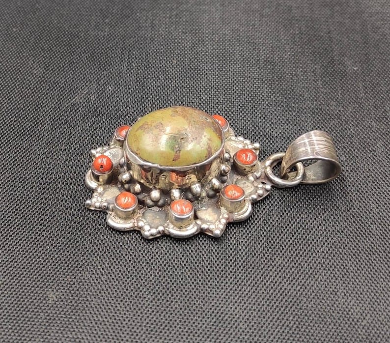 Wonderful Antique Old Tibetan Silver Pendant With Natural Turquoise and Coral