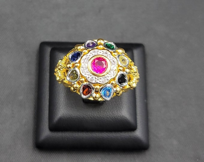 Gold on Silver Wonderful Victorian Ring With Ruby Emerald And Sapphire Gemstone