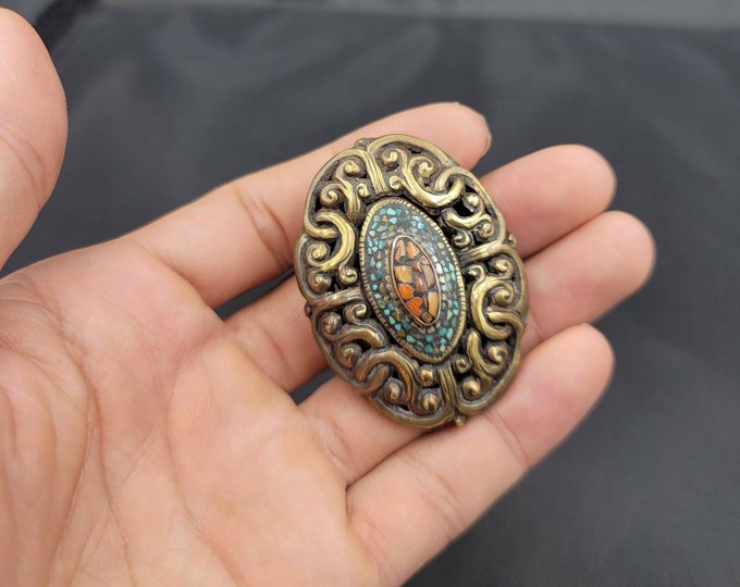 Antique Bronze Unique Tibeten Early 19th Century Beautiful Pendant Beads With Coral And Turquoise Stone