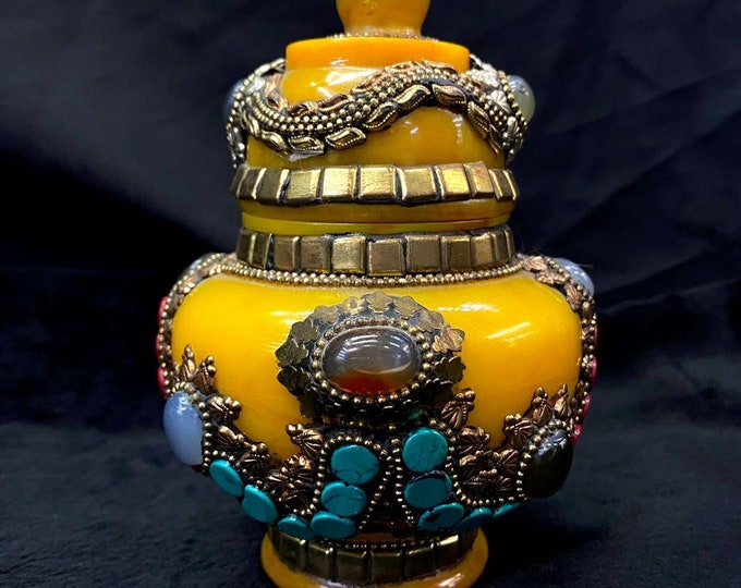 Vintage Beautiful Tibetan Copal Pot With Natural Gemstone