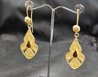 Handmade Beautiful Vintage Turkman Design 20k Gold Over Silver Earrings With Agate Stone