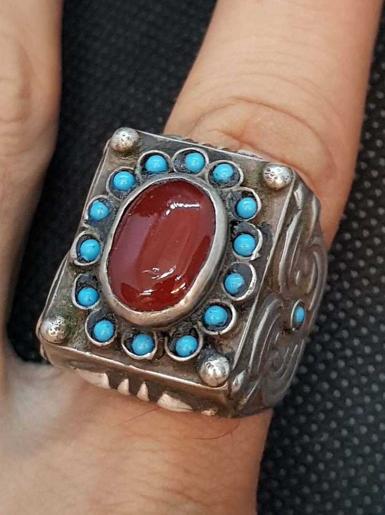 Wonderful Old Silver Antique Ring With Beautiful Agate And Turquoise Stone