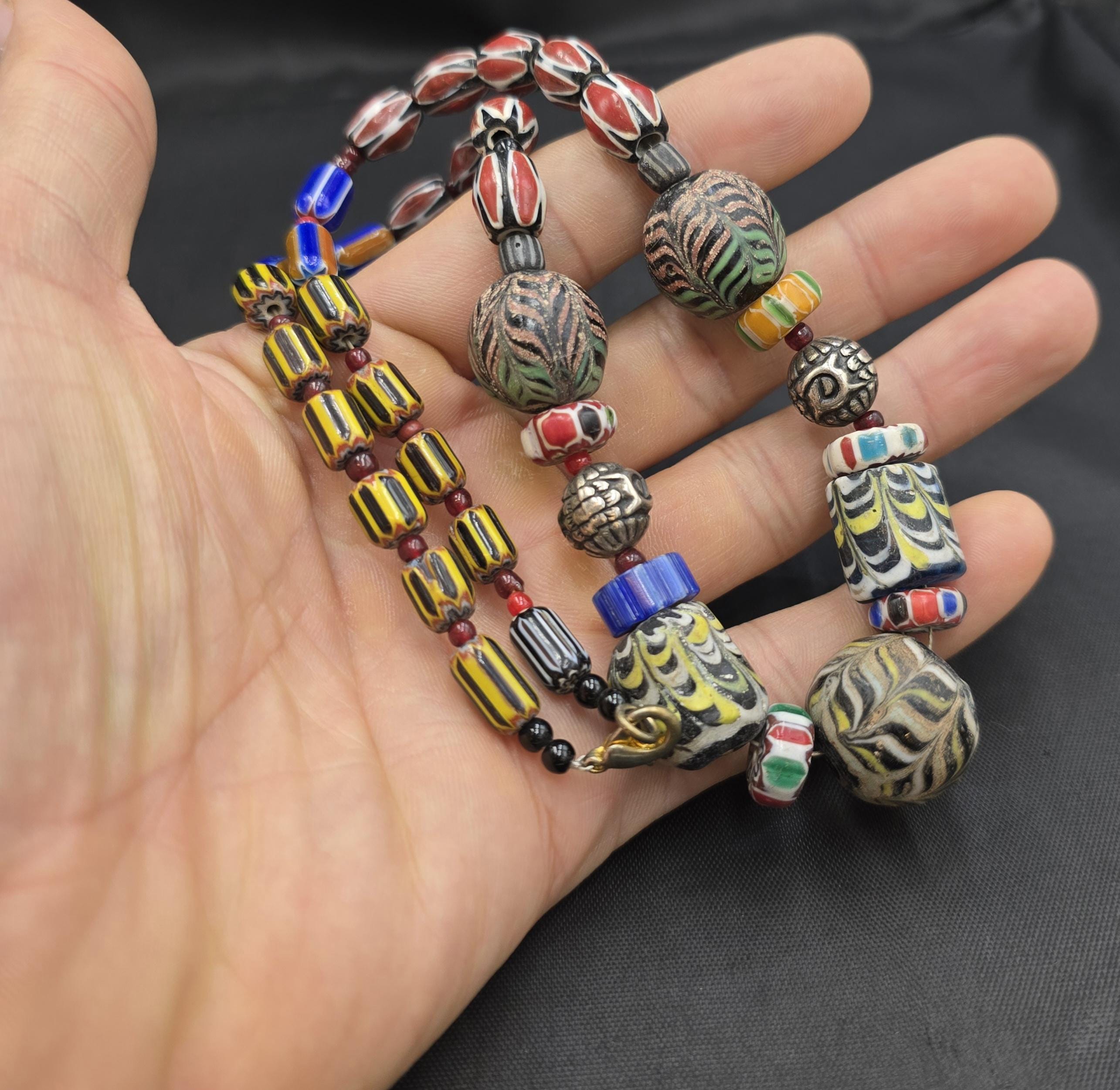 Ancient African Mosaic Gabree Glass Beads Necklace With Crystal