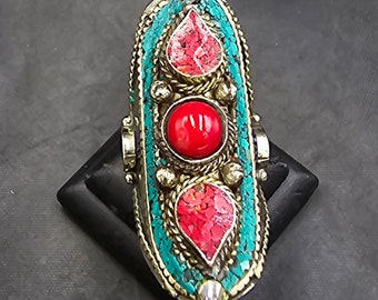 Vintage Tibetan Silver Ring: Handmade Coral & Turquoise, Size 10
