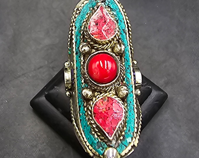 Vintage Silver Ring Handmade Beautiful Tibeten With Coral And Turquoise Stone