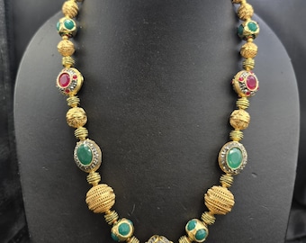 Vintage Mughal Necklace: Gold Plated Aventurine & Spinal Gemstones