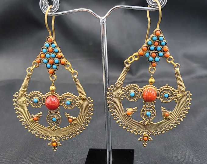 Lovely Vintage Gold Plated Earrings With Natural Turquoise And Coral Near Eastern Design