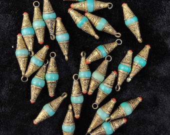 Vintage Tibetan Brass Pendant with Turquoise & Coral Stone (4cm)