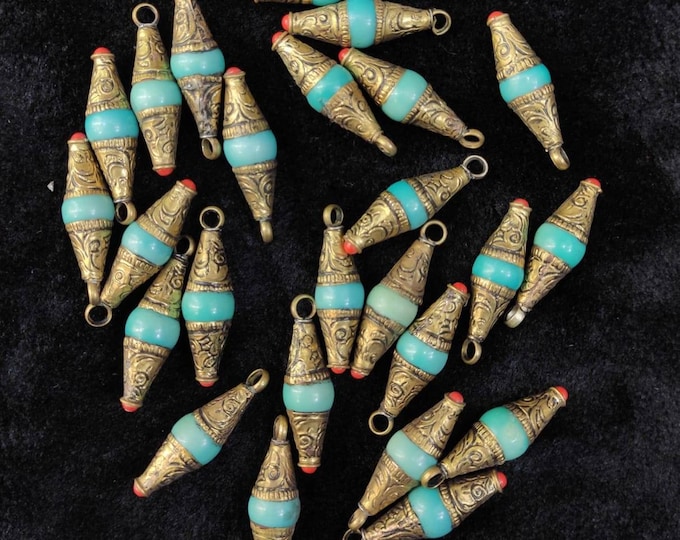 Beautiful Turquoise and Coral Stone Brass Vintage Tibeten Pendant Natural Turquoise Pendant Brass Pendant Coral Pendant